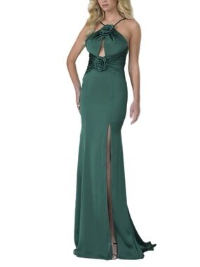 NWT COLORS DRESS $312 MSRP Deep Green Rosette Cutout Formal Halter Gown Size 14